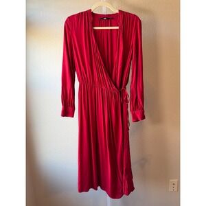 Uniqlo Womens Red Rayon Long Sleeve Wrap Midi Dress Size S